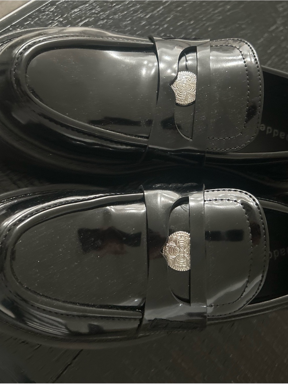 Patent Black Slip-On Loafers with Decorative Silver Accent